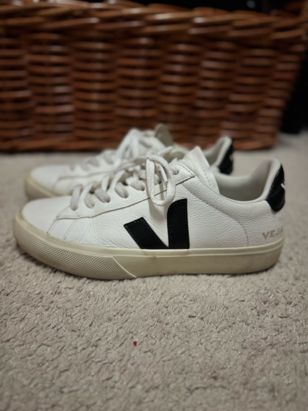 Veja Campo Leather Sneaker in White with Black V - Picture 9 of 10